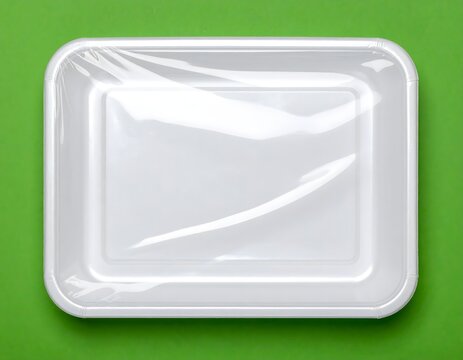 Empty White Food Tray with Plastic Wrap on Green Background