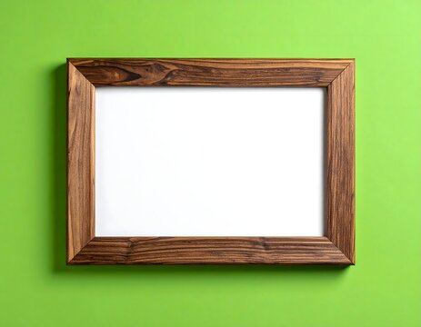 Empty Wooden Picture Frame on Vibrant Green Background