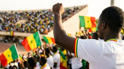 Fototapeta premium excited senegal soccer fan cheering in stadium with raised fist and national flags