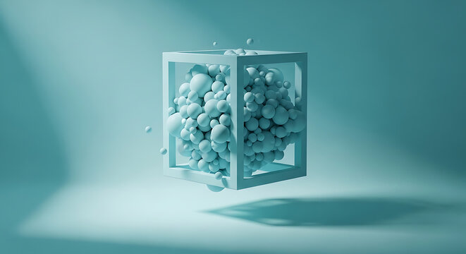 Abstract composition of floating white spheres inside a geometric wireframe cube on a teal background with geometric abstract floating minimalist structure creative contemporary composition