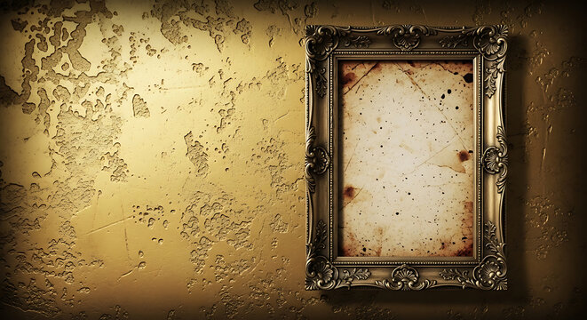 Vintage ornate picture frame with aged paper background on a rustic textured gold wall background historical decorative frame mockup interior
