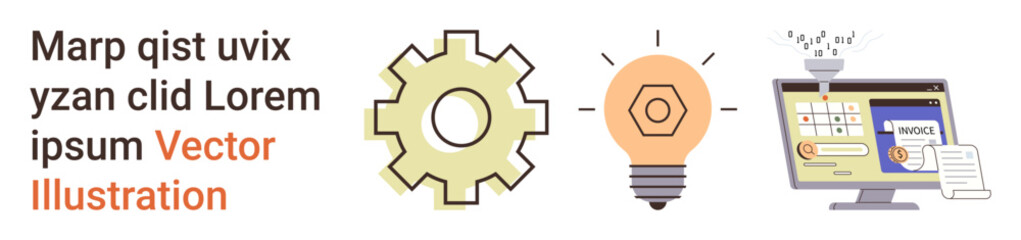 Innovation, technology, workflow, productivity, digital tools, creativity. Gear, lightbulb and computer screen with interface elements. Innovation and technology concept focusing on creativity © robu_s