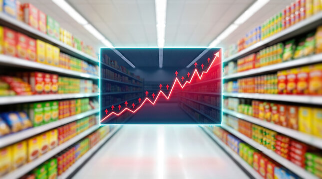 Grocery store aisle with shelves of canned goods and packaged food items, overlay of a rising price trend graph indicating increase in food prices