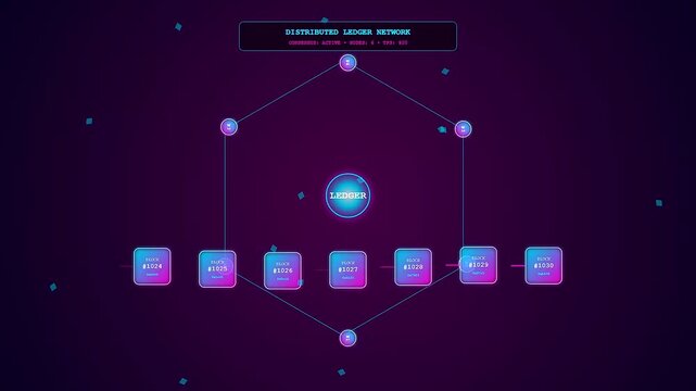 A dynamic motion graphic showcasing decentralized ledger technology with glowing magenta data blocks and blue nodes floating within a deep violet digital cyber space environment