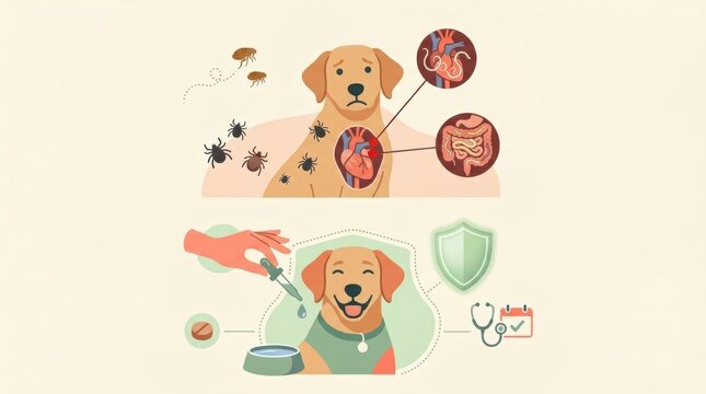 Illustration shows a dogs health risks from parasites along with prevention methods and medical care for pets well-being.