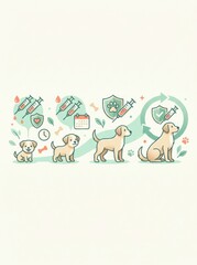 Fototapeta premium Illustration depicts a vaccination schedule for pets, showing dogs at various stages of vaccination and health monitoring in veterinary care.
