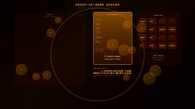 A cinematic visualization of decentralized ledger technology featuring amber glowing nodes and intricate data blocks floating across a dark void in a futuristic interface