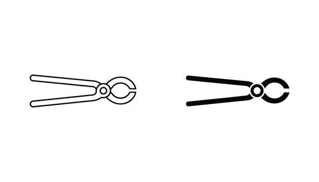 Blacksmith tongs tool icon set with outline and solid black silhouette styles for manual labor and metalworking concepts