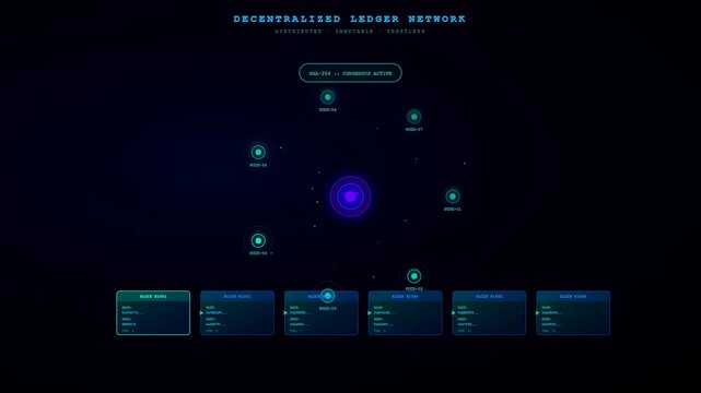 A cinematic motion graphic showcasing decentralized ledger technology with glowing purple and cyan nodes connecting through a dark virtual space as data blocks emerge