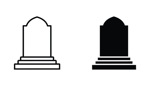 Classic gravestone tombstone monument vector illustration set featuring arched headstone on tiered base in both outline and solid black silhouette styles