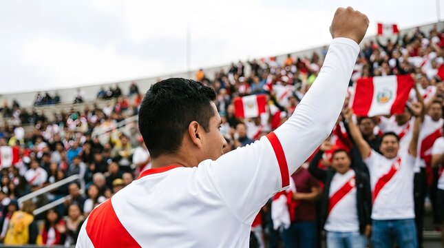 excited peru soccer fan cheering in stadium with raised fist and national flags copy space