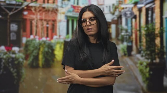 Woman wearing glasses raises hands in a shrug gesture on a pedestrian street lined with planters and shops; confusion doubt introspection.