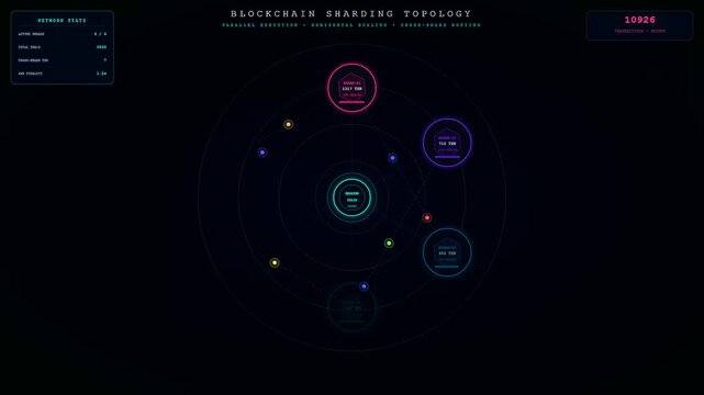 An intricate digital animation showcasing decentralized ledger technology via vibrant neon nodes and rotating concentric circles floating upon a deep obsidian void interface