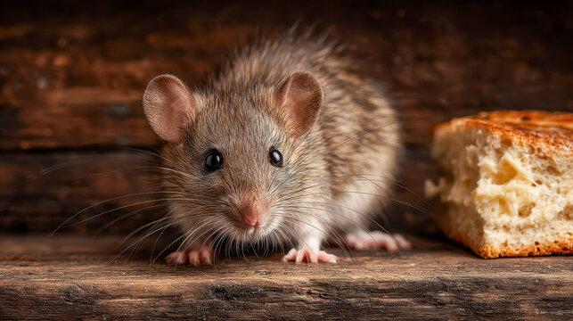 Curious small brown rat with bright eyes exploring wooden surface near a piece of bread in rustic indoor environment with warm lighting