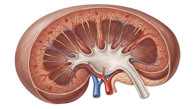 A clear representation of a kidney cross-section highlighting structures. Useful for veterinary students learning about pet anatomy and functions.