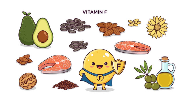 Vitamin F Rich Foods Illustration with Cute Character and Copy Space