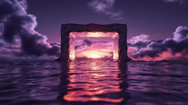 Mystical Seascape with a Glowing Rectangular Portal Frame Emerging from Sunset Ocean