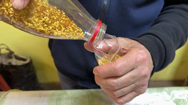 Close-up hands pouring turmeric saffron sauerkraut mix from plastic bottle into small jar at bustling vegetable market, golden