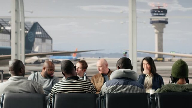 Men and women in airport standing up from chairs after hearing flight announcement. Multiethnic passengers ready for departure, queuing up to go to boarding gate, concept of organized travel flow