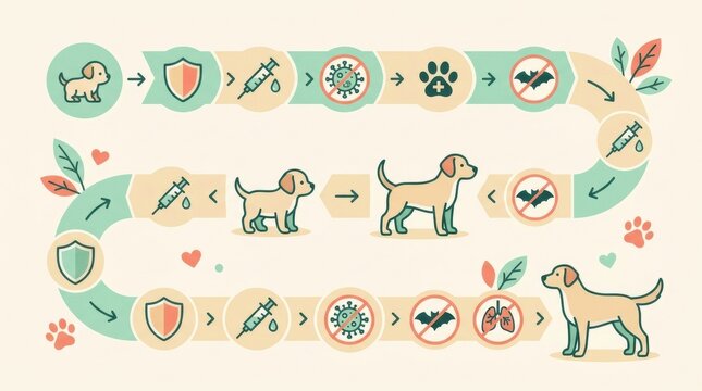 Illustration shows steps in a pet vaccination schedule for dogs. It highlights key vaccinations and health considerations for pet owners.