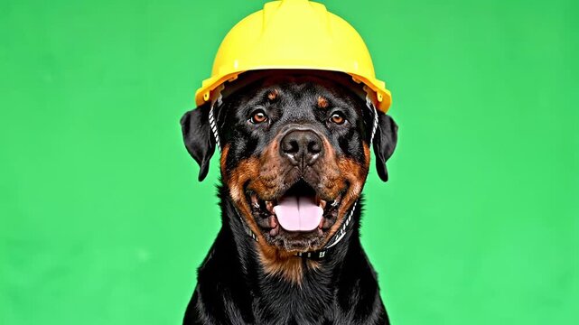 Cute Rottweiler dog wearing a yellow construction hard hat on a green background, looking at the camera with a happy expression.