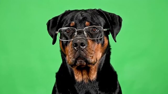Intelligent Rottweiler dog wearing glasses, looking directly at the camera against a vibrant green background, showcasing a smart and focused expression.