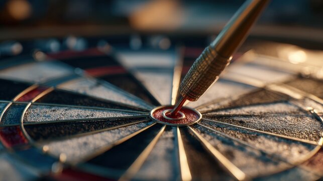 Macro shot of a dart perfectly hitting the bullseye on a textured dartboard under warm lighting conditions capturing focus and precision in the game
