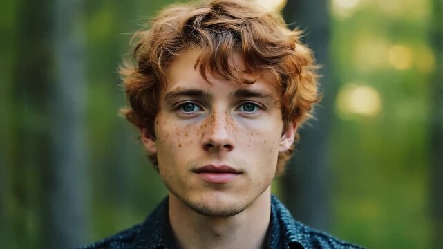 Young redhead man with freckles staring at camera in a forest