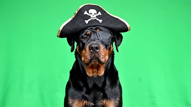 Rottweiler dog wearing a pirate hat and eye patch against a green screen background.