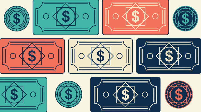 Money currency notes and coins in varied colors and patterns