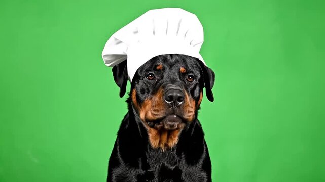 Rottweiler dog wearing a chef hat, looking directly at the camera on a green background.