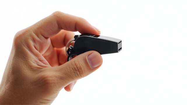 Close Up of Referee Hand Holding Whistle Isolated on White Background Sports Officiating Concept