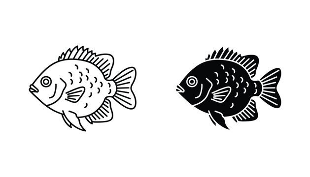 Fish icon set featuring a detailed panfish or sunfish silhouette in both outline and solid black vector style for fishing and aquatic themes