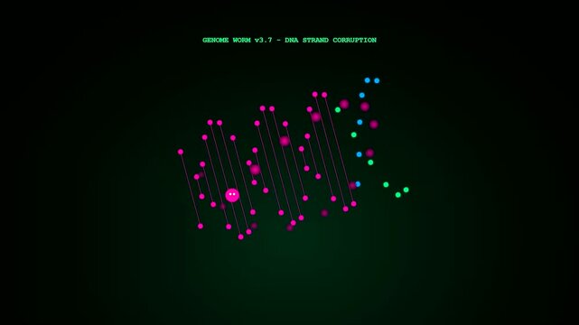 An intricate malware attack visualization showing glowing magenta nodes connecting into a double helix structure against a deep black void with vibrant neon particle effects