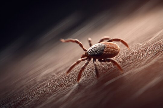 Macro shot of a tiny brown tick crawling on human skin with detailed texture under soft natural lighting showing the insect?s body and legs in sharp focus