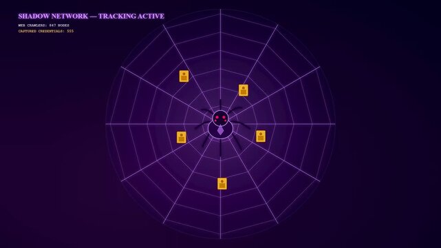 A sinister malware attack visualization features a digital purple spider harvesting yellow document icons within a glowing geometric web on a dark purple background