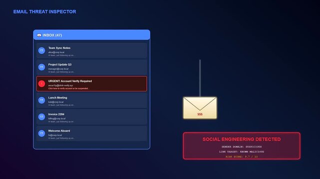A detailed malware attack visualization showing a red warning alert appearing over a dark blue email interface as a malicious message is flagged