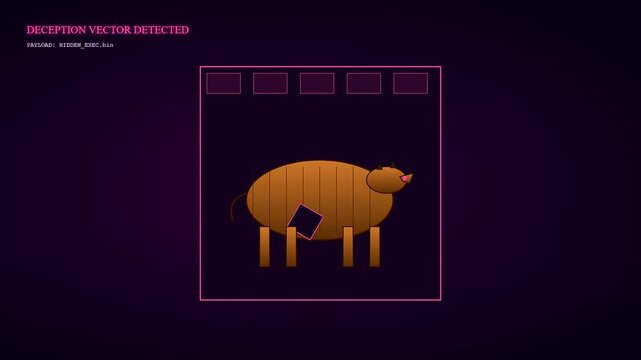 A stylized wooden trojan horse used for malware attack visualization opens its side panel on a dark magenta digital screen within a frame