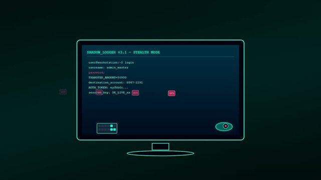 An illuminated computer monitor featuring a malware attack visualization where red flickering boxes and scrolling terminal code simulate a clandestine digital heist in darkness