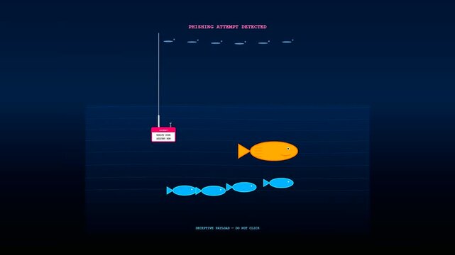 An abstract malware attack visualization depicting a stylized fishing hook baiting unsuspecting digital fish within a deep navy blue ocean of virtual data