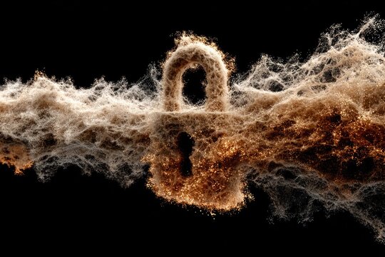 Abstract lock made of glowing particles on black background