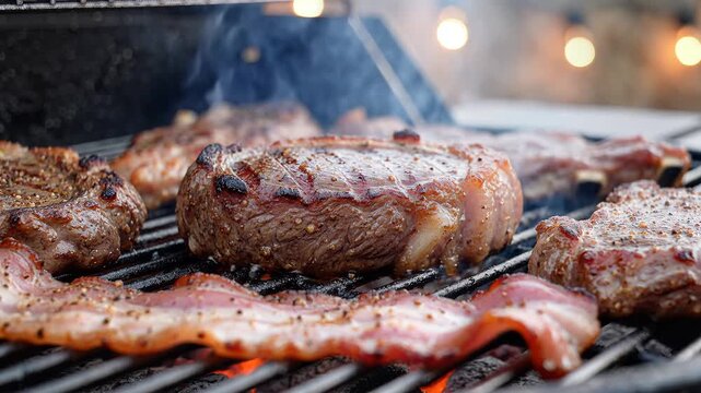Delicious Steaks and Bacon Grilling on an Outdoor Barbecue.