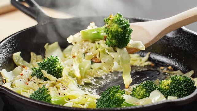 Fresh Broccoli and Cabbage Sauted in a Cast Iron Skillet.