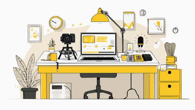 A modern, organized workspace featuring camera and laptop, illuminated with focused lighting, it reflects the evolving creative field. SVG