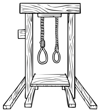 Hand-drawn illustration of a rustic wooden gallows with two nooses hanging prominently.