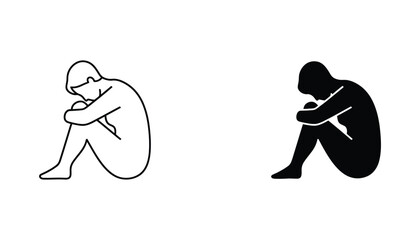 Sad person sitting alone with head down in fetal position minimal vector icon set © Canvas