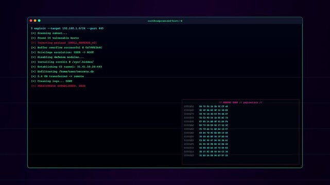 A cinematic malware attack visualization showing a computer terminal interface processing code with green text on black screen for a cyber security conceptual video