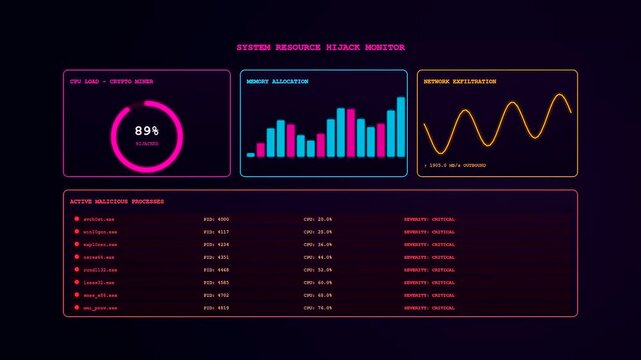 A futuristic digital dashboard displaying a malware attack visualization with flickering neon graphs and a list of malicious processes appearing on a black screen