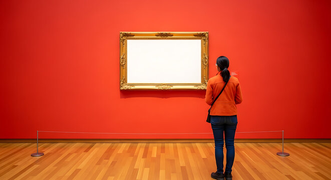Woman observing blank framed painting in red museum gallery with painting exhibition observing interior creative