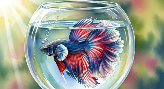 Vibrant Betta Fish in Glass Bowl, Red White Blue Colors, Sunlight Beams